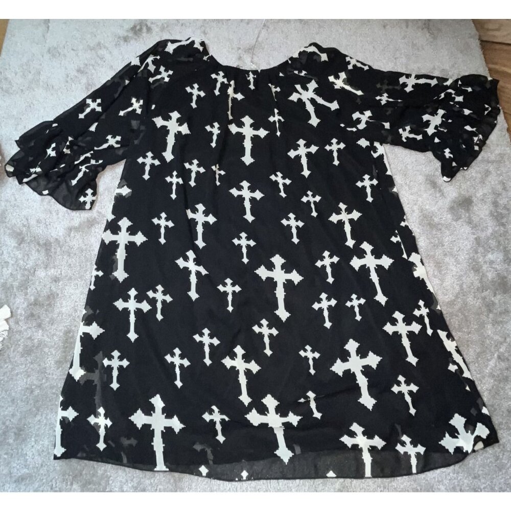 R. Rouge Womens Black & White Flowy Cross Print Goth Boho‎ Tunic  Dress fits XL